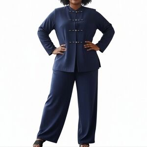 R&M Richards Karen Kwong Pant Suit 22W Navy Wide Leg Pants Long Blazer Vintage